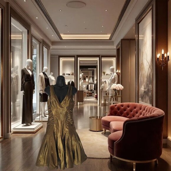 Tadashi Collection Metallic Olive Green Gold Taffeta Silk Fit & Flare US 6 - Picture 3 of 12